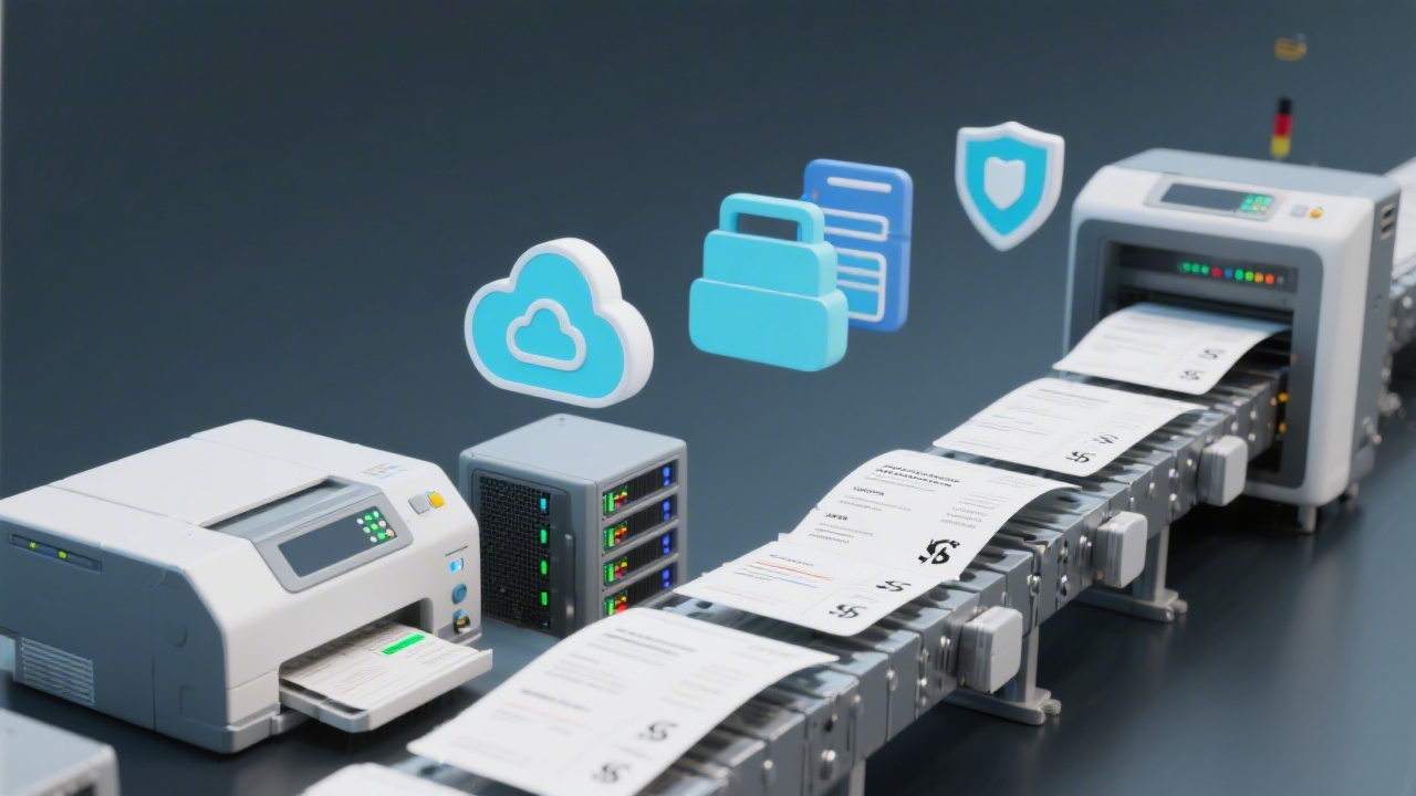 Automated financial document processing line with scanners servers and secure cloud storage icons illustrating the seamless digitization of freelancer receipts within German regulatory frameworks.