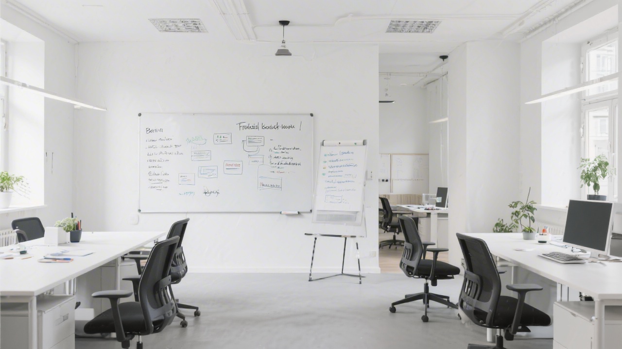 Bright Berlin office workspace with minimalist furniture and collaborative whiteboard illustrating the modern headquarters of a freelance bookkeeping firm.
