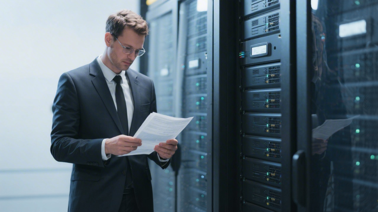 Compliance specialist in tailored suit reviewing digital policy documents beside secure servers symbolizing German data protection diligence for freelance bookkeeping engagements.