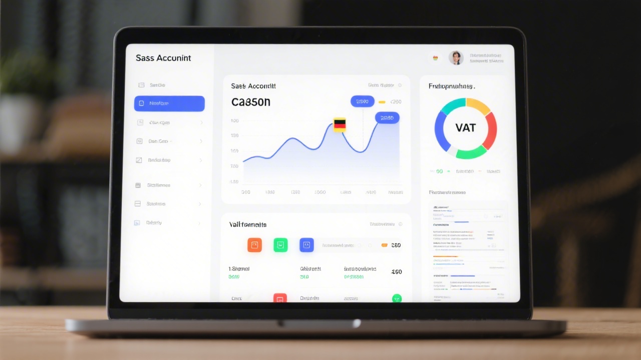 Detailed SaaS accounting dashboard showing cash flow, VAT timelines, and document status indicators on a laptop to communicate data transparency for German freelancers and sole proprietors.